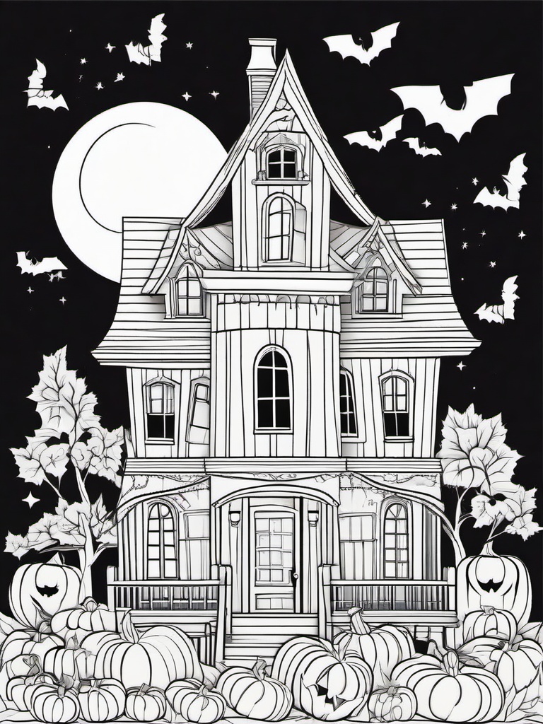 House Coloring Pages - Pumpkin house for Halloween, decorated with spooky elements  simple coloring pages