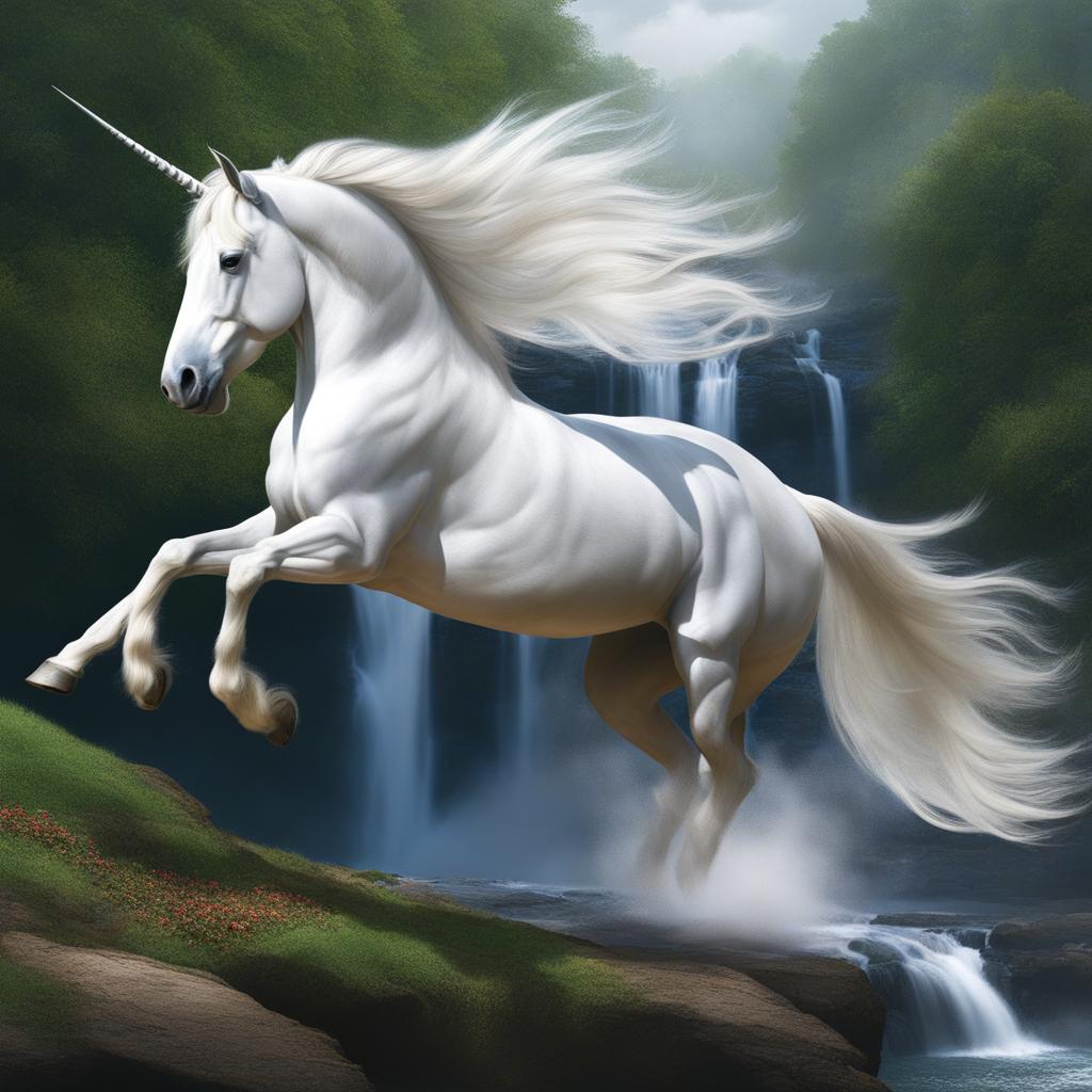 majestic unicorn leaping gracefully over a cascading waterfall, its silvery mane flowing in the mist. 