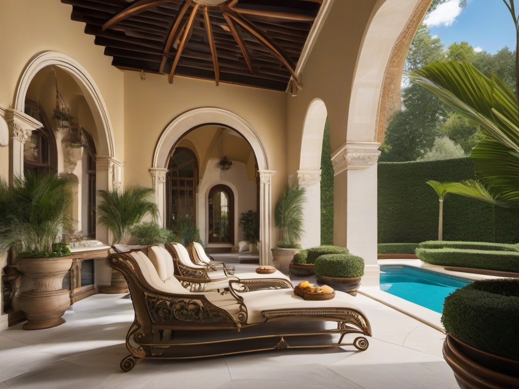 The pool area embraces Italian Renaissance interior design with ornate loungers, elegant decor, and classical details that create a luxurious atmosphere for summer enjoyment.  