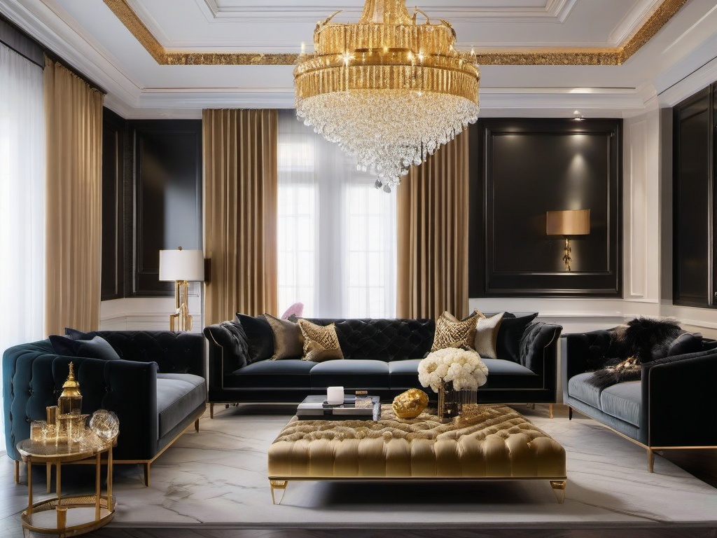 Luxury Glam living room stuns with velvet tufted sofas, gleaming gold accents, and a dazzling crystal chandelier, creating a lavish space fit for entertaining in style.  