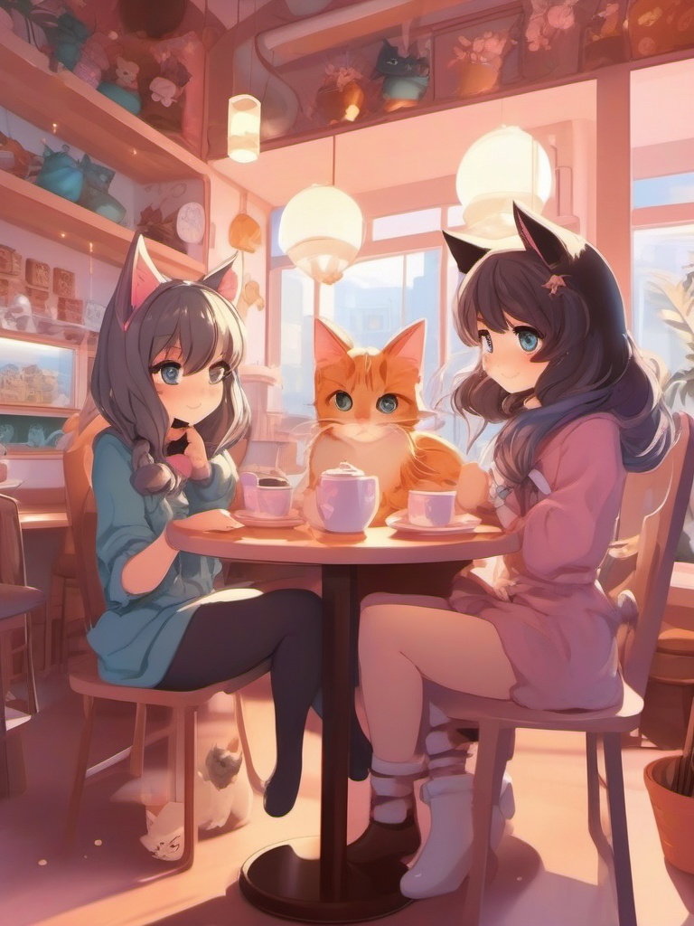 Adorable catgirl and playful catgirl friend, in a cozy cat cafe, cuddling with friendly felines and sipping tea, as a matching pfp for friends. wide shot, cool anime color style