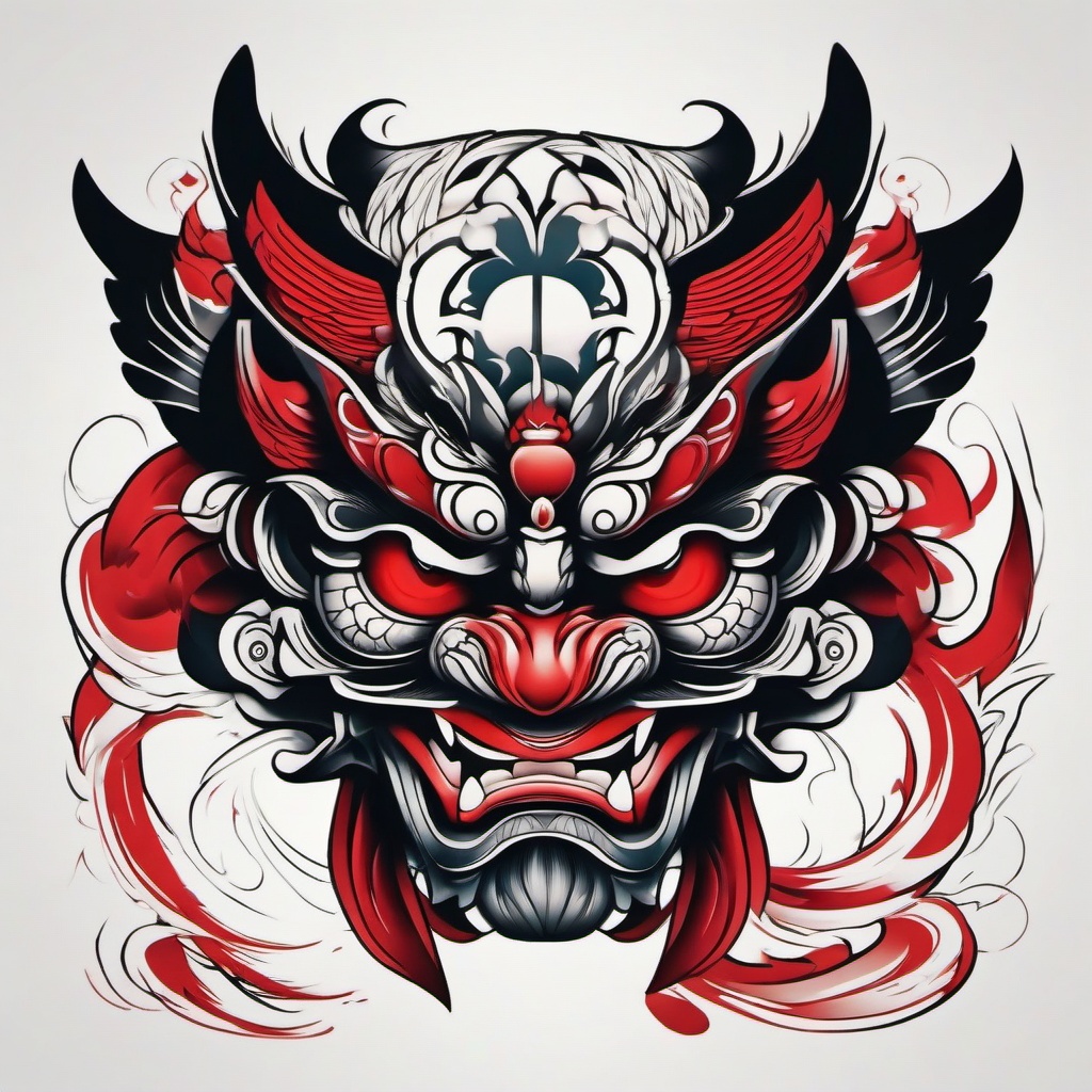 japanese tengu mask tattoo  simple color tattoo,white background,minimal