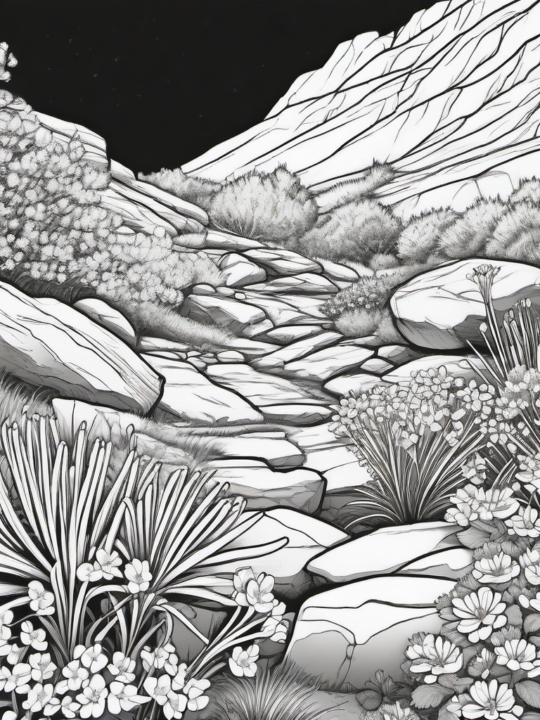 Saxifrage coloring page sheet - Saxifrage flowers blooming in a rock garden on a hillside.  black outline printable coloring page