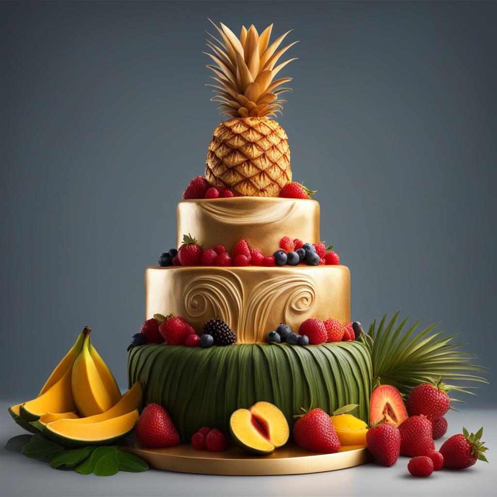 Unique tropical cake design with fruits intricate artwork masterpiece, ominous, matte painting movie poster, golden ratio, trending on cgsociety, intricate, epic highly detailed, vibrant, production cinematic character render, ultra high quality model