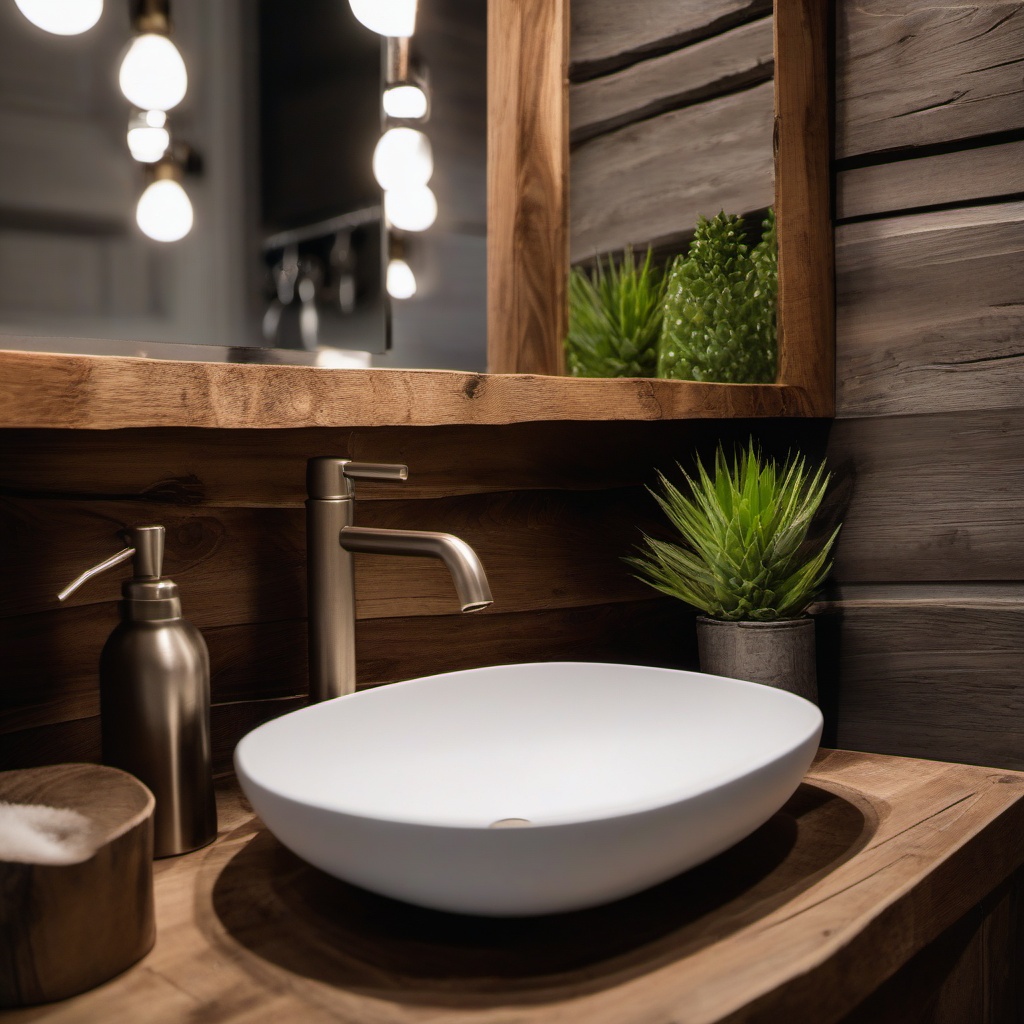 Rustic Powder Room - Rustic charm to your powder room with reclaimed wood and farmhouse sink. realistic, professional photography, bokeh, natural lighting, canon lens, shot on dslr 64 megapixels sharp focus