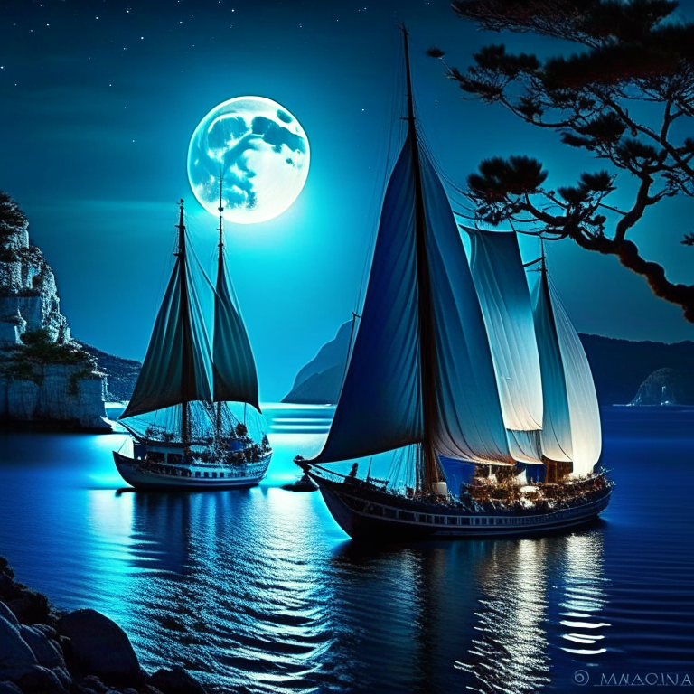 sirens enchanting sailors with their haunting melodies in the moonlit waters of the aegean sea in greece. 