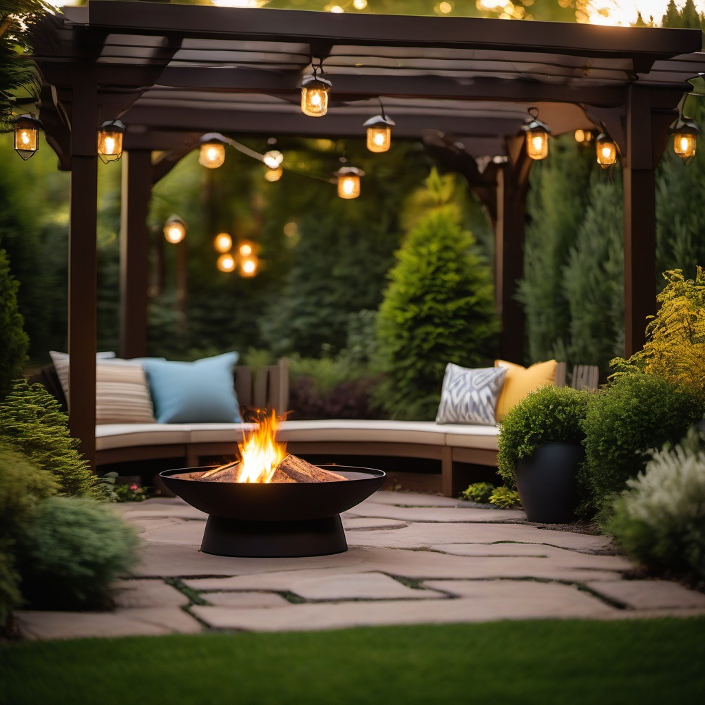 Backyard Retreat - Fire pit, pergola, and lush landscaping for a backyard retreat. realistic, professional photography, bokeh, natural lighting, canon lens, shot on dslr 64 megapixels sharp focus