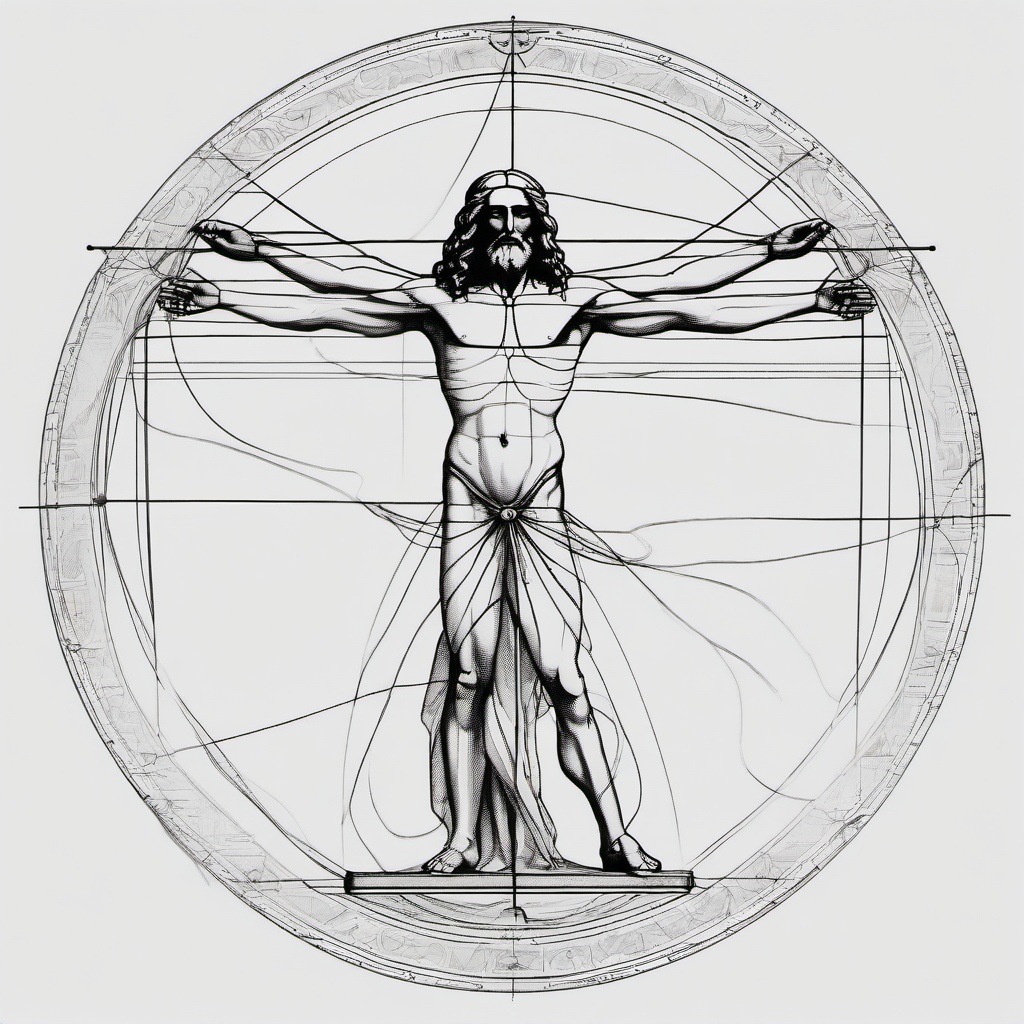 drawing of Leonardo Da Vinci with the Vitruvian Man  minimal rough sketch scribbles,doodles,black and white