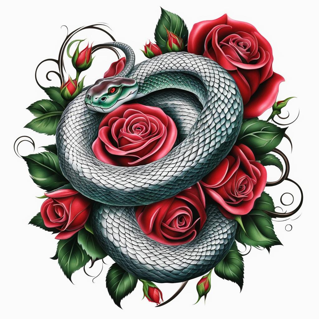 Snake rose tattoo, Tattoos blending snake symbolism with the grace of roses.  color, tattoo patterns, white clean background