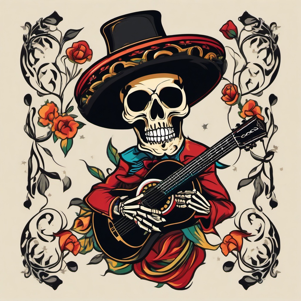 mariachi skeleton tattoo  simple vector color tattoo