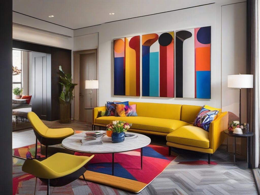 In the entryway, Pop Art interior design showcases striking artwork, vibrant colors, and playful accents that provide a cheerful welcome to guests.  