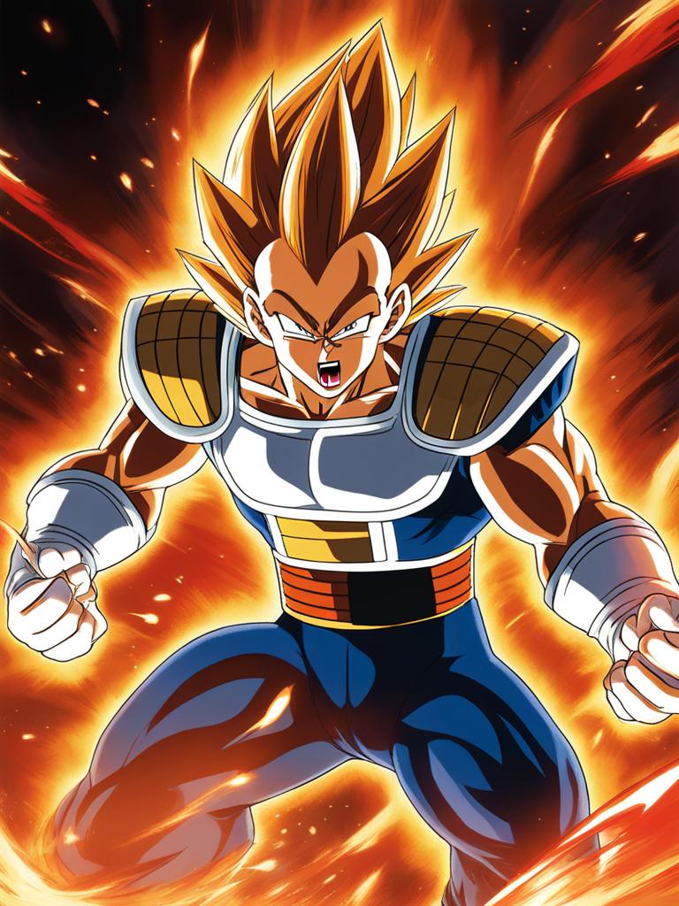 vegeta charges a devastating energy attack, surrounded by fiery explosions. 