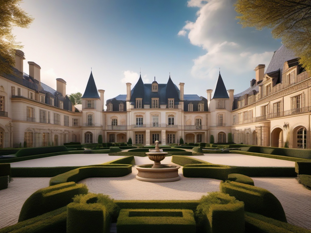 Grand Chateau Courtyard - Add the grandeur of a chateau-inspired courtyard to your landscape. realistic, professional photography, bokeh, natural lighting, canon lens, shot on dslr 64 megapixels sharp focus