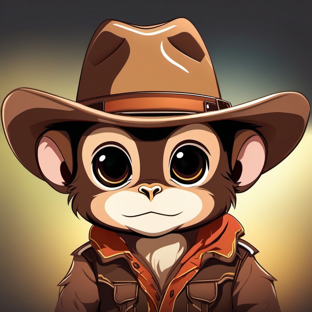 Baby brown cowboy monkey  front facing ,centered portrait shot, cute anime color style, pfp, full face visible