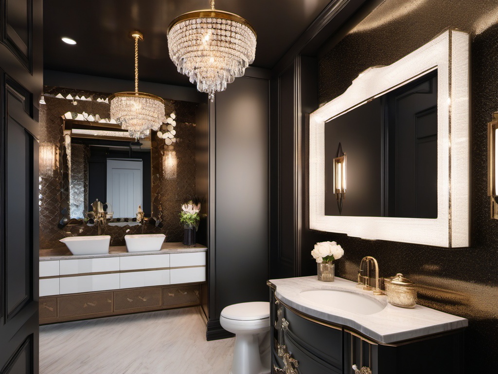 Glam Powder Room - Glamour to your powder room with metallic accents and a crystal chandelier. realistic, professional photography, bokeh, natural lighting, canon lens, shot on dslr 64 megapixels sharp focus