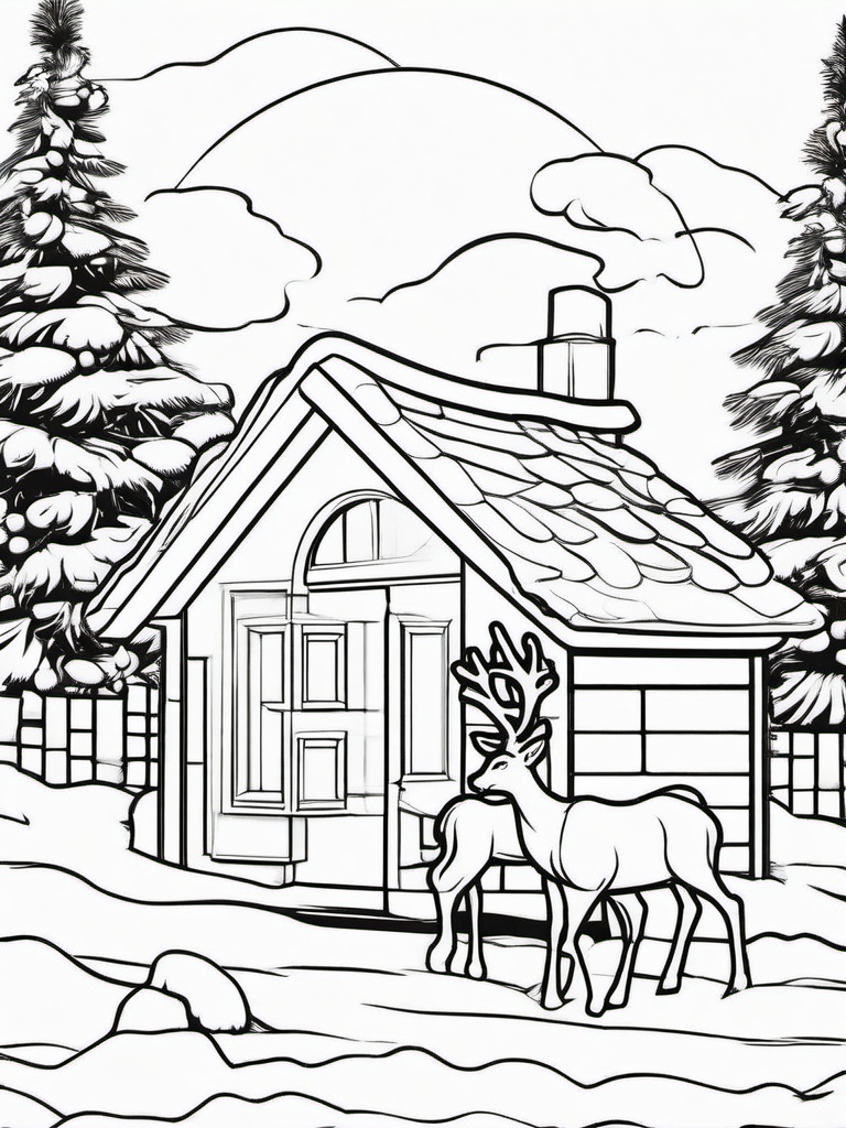 Santa and Reindeer on Roof Coloring Pages - Preparing to Enter the Chimney  minimal black outline printable sheet, coloring page