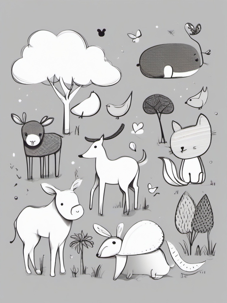 cute sketches of animals  minimal rough scribbles,doodles,black and white