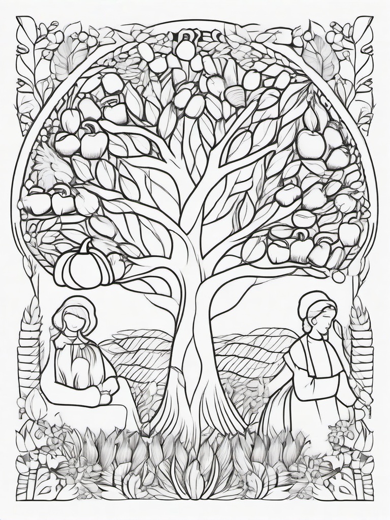 Thanksgiving Family Tree Coloring Pages - Celebrating Heritage and Togetherness  minimal black outline printable sheet, coloring page