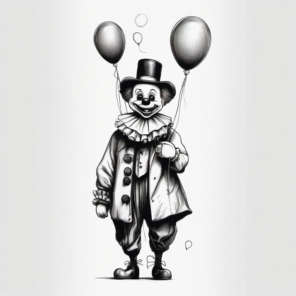 drawing of a clown with balloons  minimal rough sketch scribbles,doodles,black and white