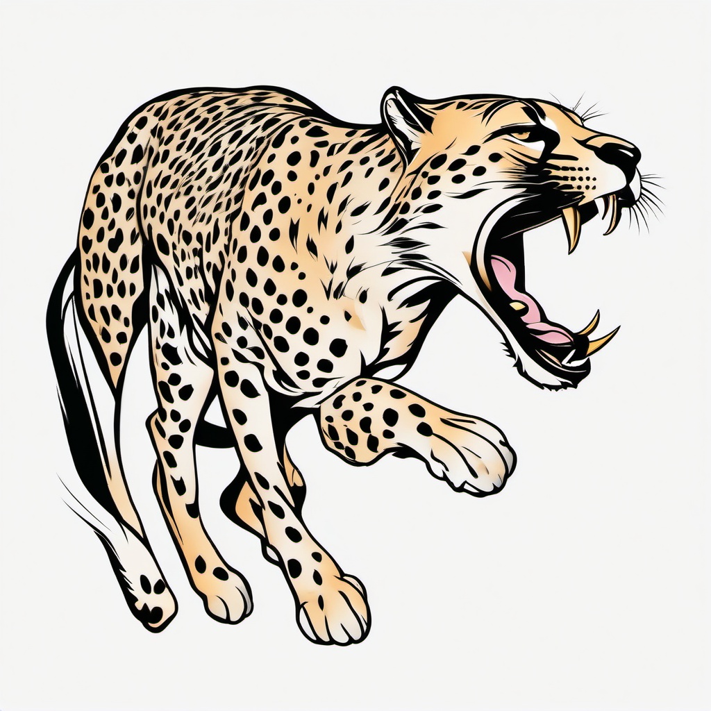 Cheetah Tattoo - Fast and agile cheetah in full sprint  few color tattoo design, simple line art, design clean white background