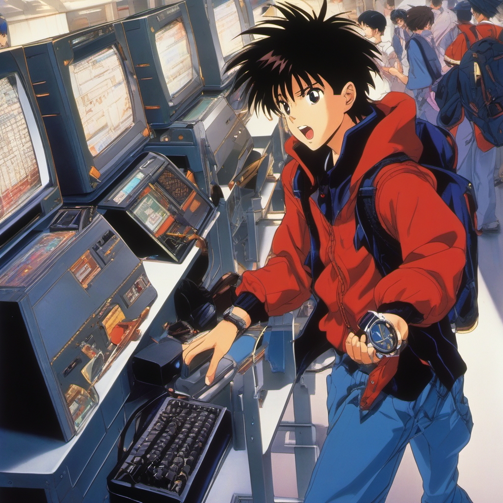 A mischievous anime boy, armed with a time-traveling watch, creates chaos in a high-tech school, exploring the consequences of his actions.  1990s anime style