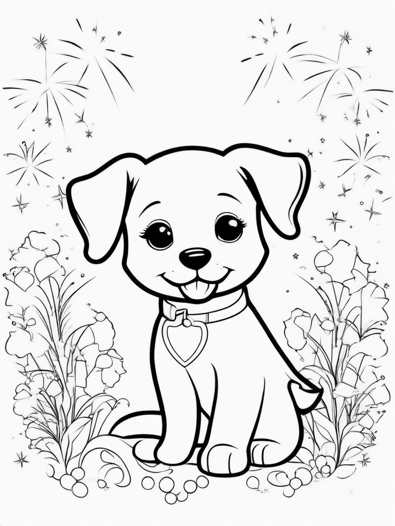 Puppy with Fireworks Coloring Pages - Celebrating with Puppy and Fireworks  minimal black outline printable sheet, coloring page