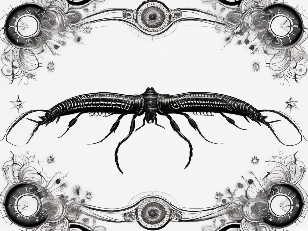 Centipede with cosmic constellations ink: Cosmic alignment enhancing insect art.  black white tattoo, white background