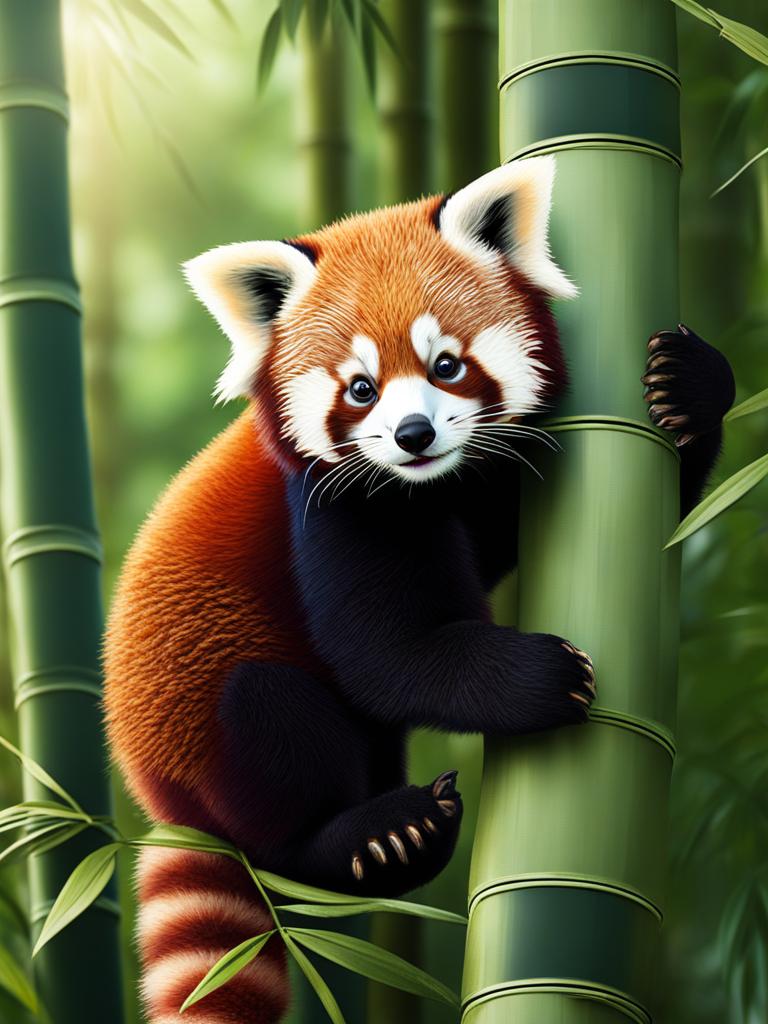 red panda cub climbing trees in a lush bamboo forest 8k ultrarealistic cinematic 