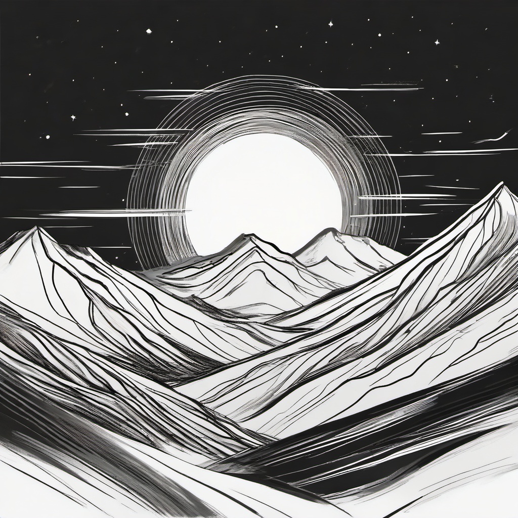 drawing of a sun over the mountains  minimal rough sketch scribbles,doodles,black and white