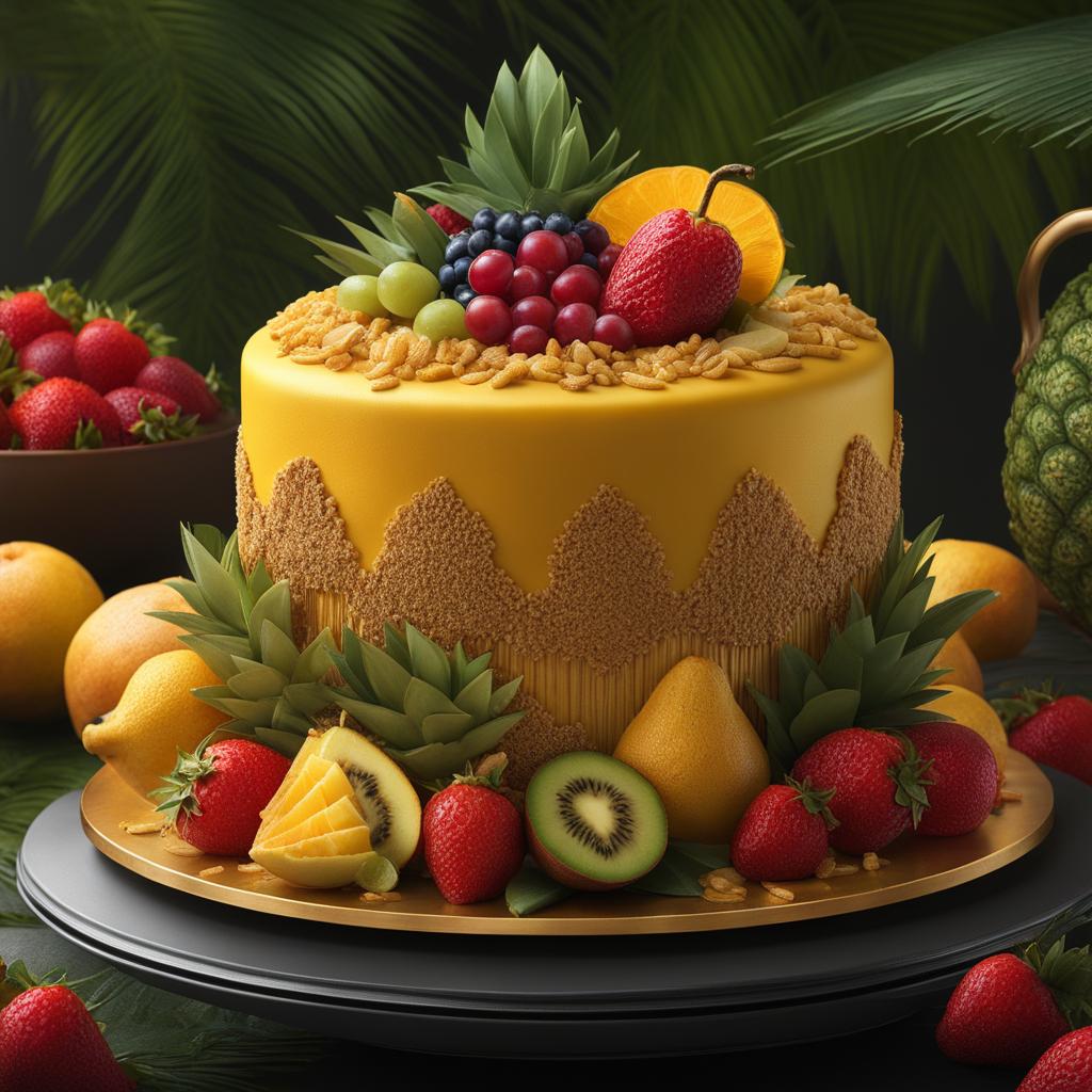 Unique tropical cake design with fruits intricate artwork masterpiece, ominous, matte painting movie poster, golden ratio, trending on cgsociety, intricate, epic highly detailed, vibrant, production cinematic character render, ultra high quality model