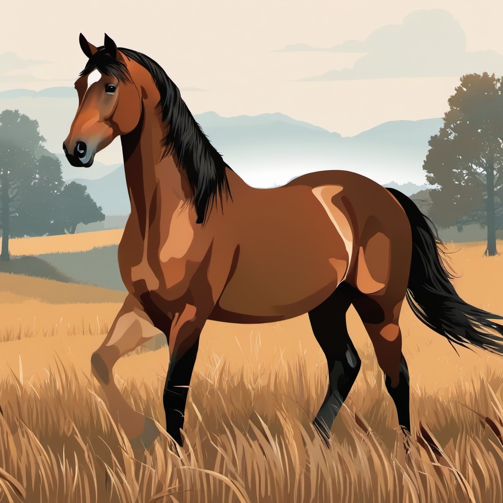 Horse clipart - Majestic brown horse in a field, ,vector color clipart,minimal