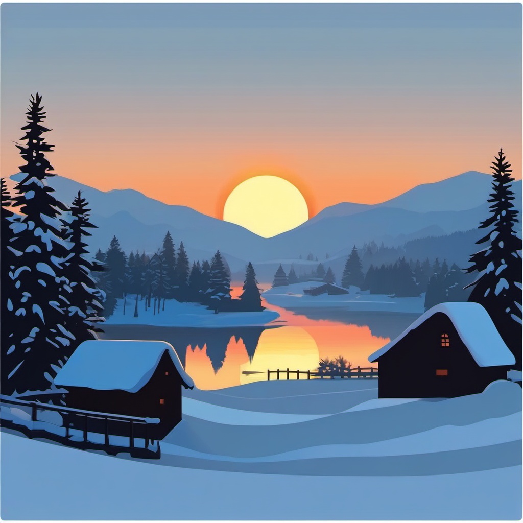 Sunrise over a snowy village sticker- Quiet and peaceful, , sticker vector art, minimalist design