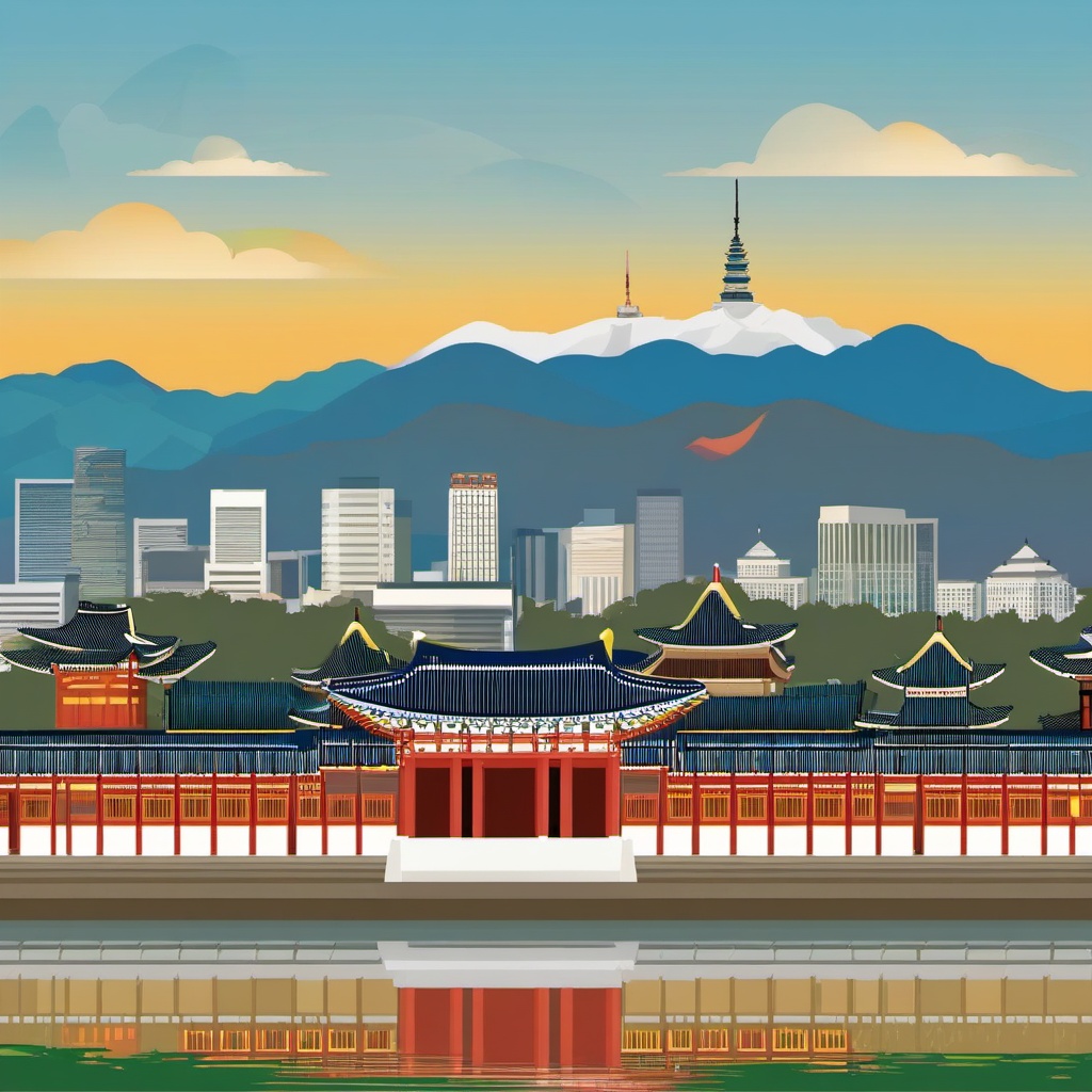 Seoul clipart - Gyeongbokgung Palace and Seoul skyline,  color vector clipart