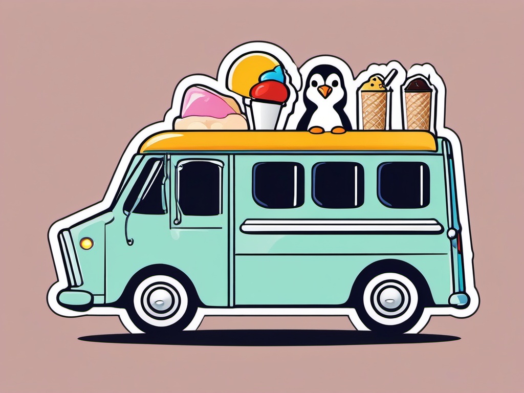 Penguin Ice Cream Truck Sticker - A penguin driving an ice cream truck, spreading joy. ,vector color sticker art,minimal