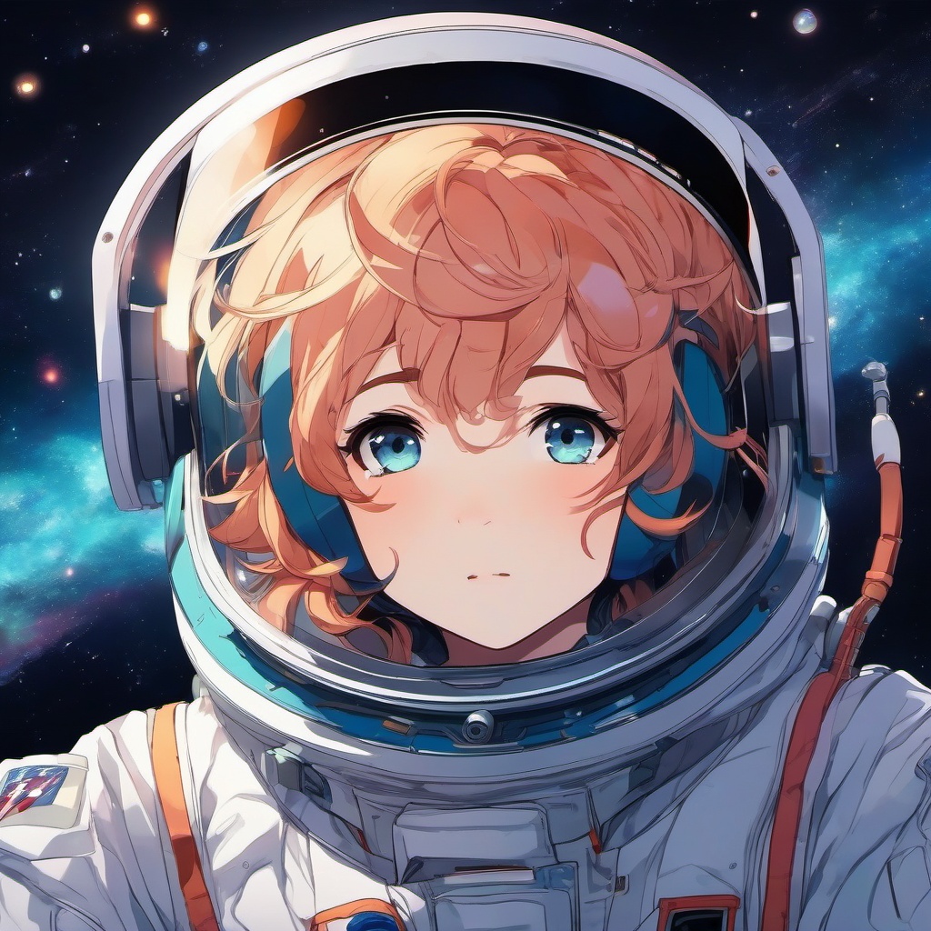 Brave anime astronaut, floating in a space suit, conducting experiments in the vastness of outer space.  front facing ,centered portrait shot, cute anime color style, pfp, full face visible