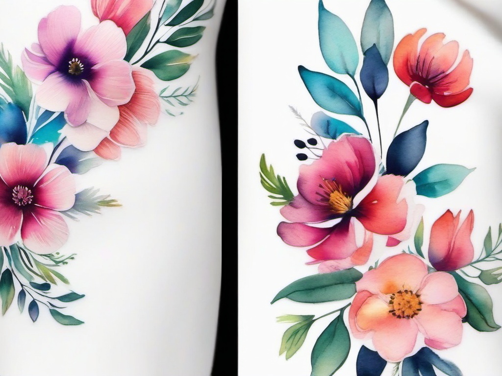 Floral Watercolor Tattoo - Tattoo with a watercolor technique, showcasing vibrant floral motifs.  simple color tattoo,minimalist,white background