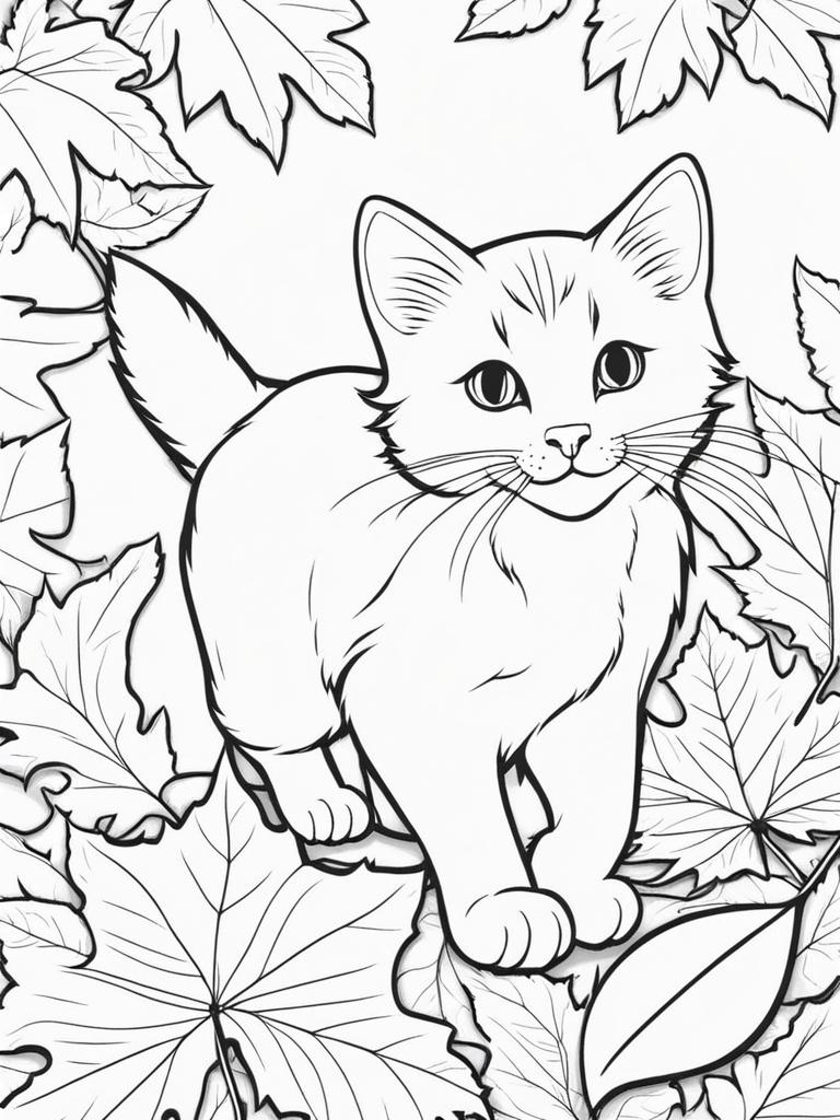 cat coloring pages - a curious kitten pounces on a falling autumn leaf. 