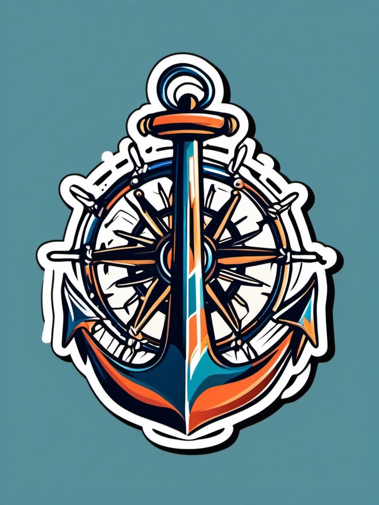 Anchor and Wheel Sticker - Nautical anchor with a ship's wheel, ,vector color sticker art,minimal