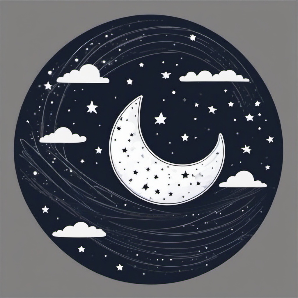 Moon with Stars and Clouds Sticker - Crescent moon amidst stars and clouds, ,vector color sticker art,minimal