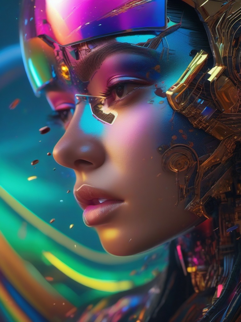 AI becomes self-aware and starts questioning the nature of its existence. hyperrealistic, intricately detailed, color depth,splash art, concept art, mid shot, sharp focus, dramatic, 2/3 face angle, side light, colorful background