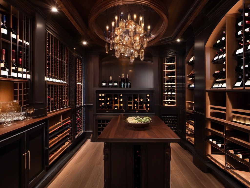 In the wine cellar, Russian Revival interior design features elegant wine racks, rich wood accents, and decorative lighting that create a refined atmosphere for wine enthusiasts.  