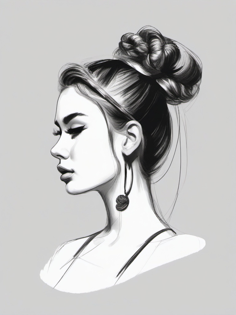 drawing of hair tied in a bun with accessories  minimal rough sketch scribbles,doodles,black and white