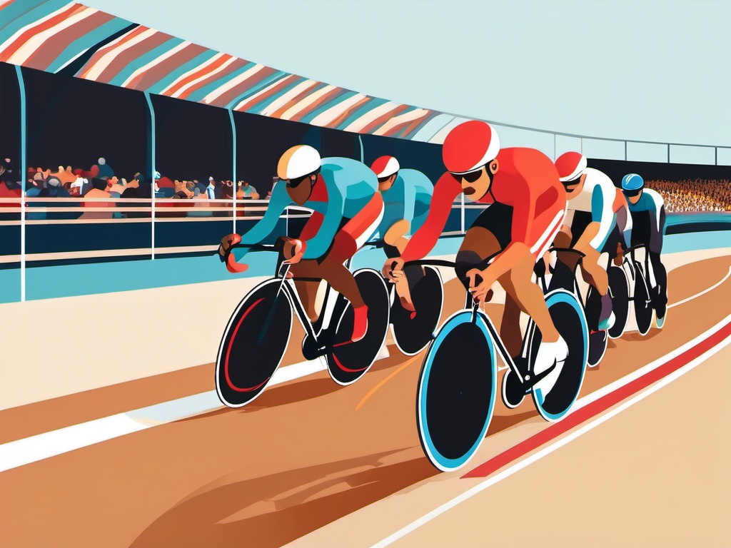 Track Cycling Velodrome Race Clipart - Track cyclists racing at high speeds on a velodrome track.  color vector clipart, minimal style