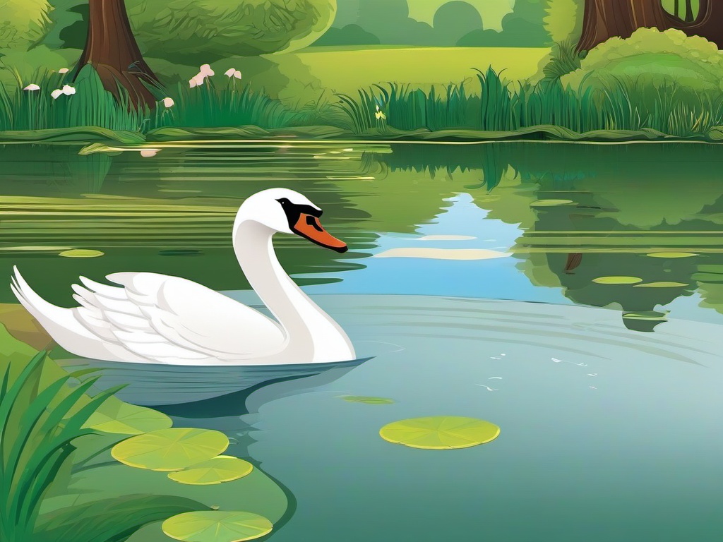 Swan Cartoon - Cartoon of swan gliding across pond  