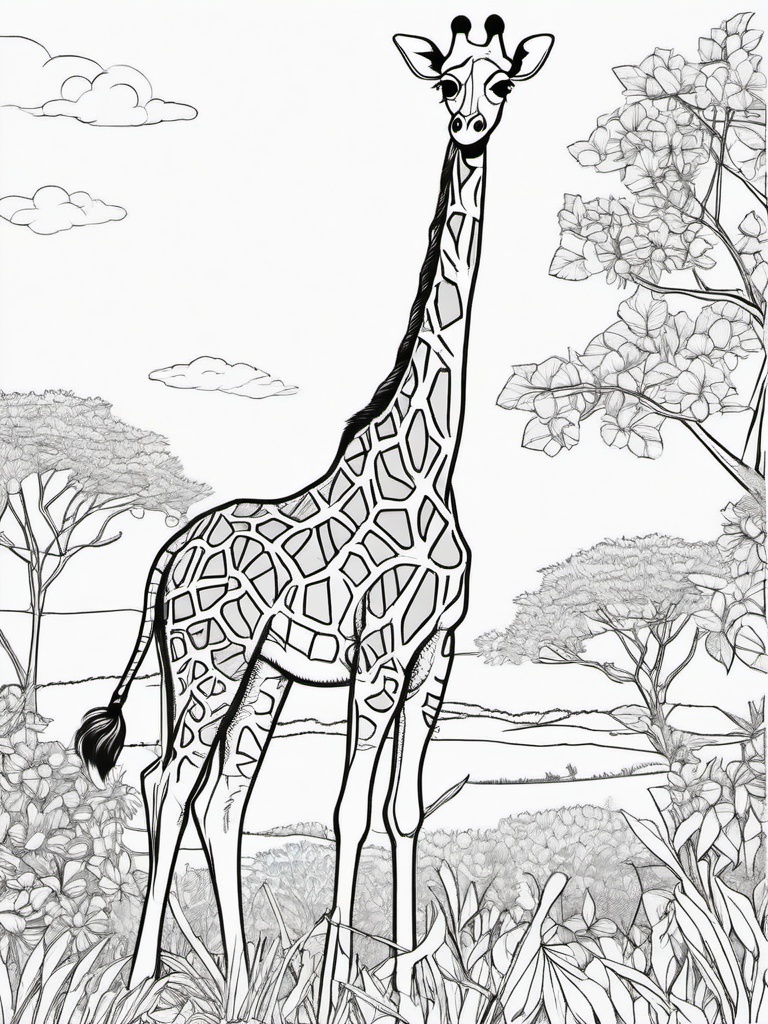 Giraffe Coloring Pages - Tall giraffe reaching for leaves in a tree  simple coloring pages