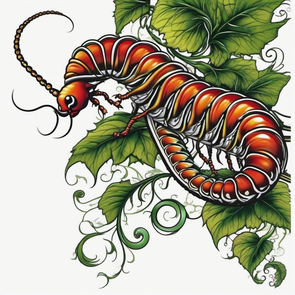 Centipede crawling on a vine design: Nature's intricate beauty in tattoo art.  color tattoo style, white background