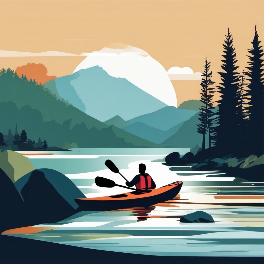 Kayak Paddling Adventure Clipart - A kayaker enjoying an adventurous paddle.  color vector clipart, minimal style