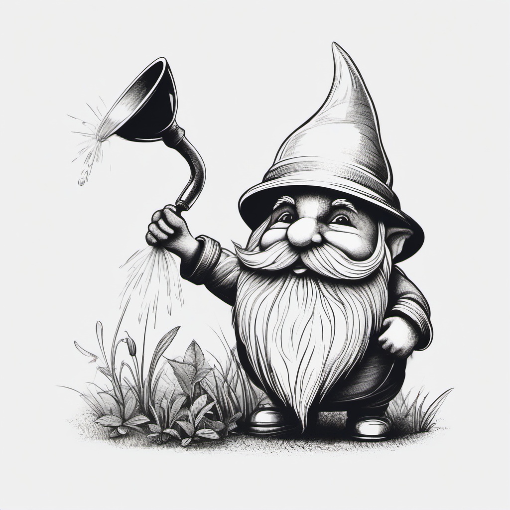 drawing of a gnome with a watering can  minimal rough sketch scribbles,doodles,black and white