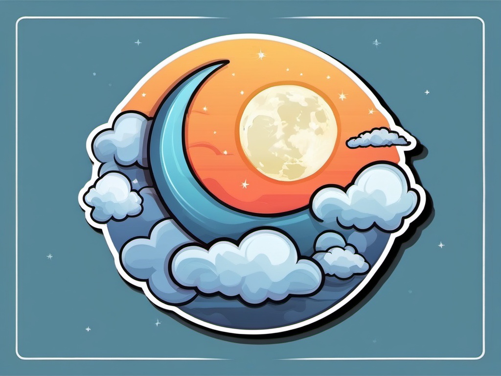 Moon with Clouds Sticker - Crescent moon surrounded by fluffy clouds, ,vector color sticker art,minimal