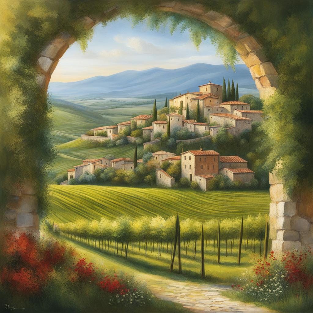 enchanted irpinia countryside - create an artwork that captures the enchanting beauty of irpinia's countryside, with vineyards and rolling hills. 